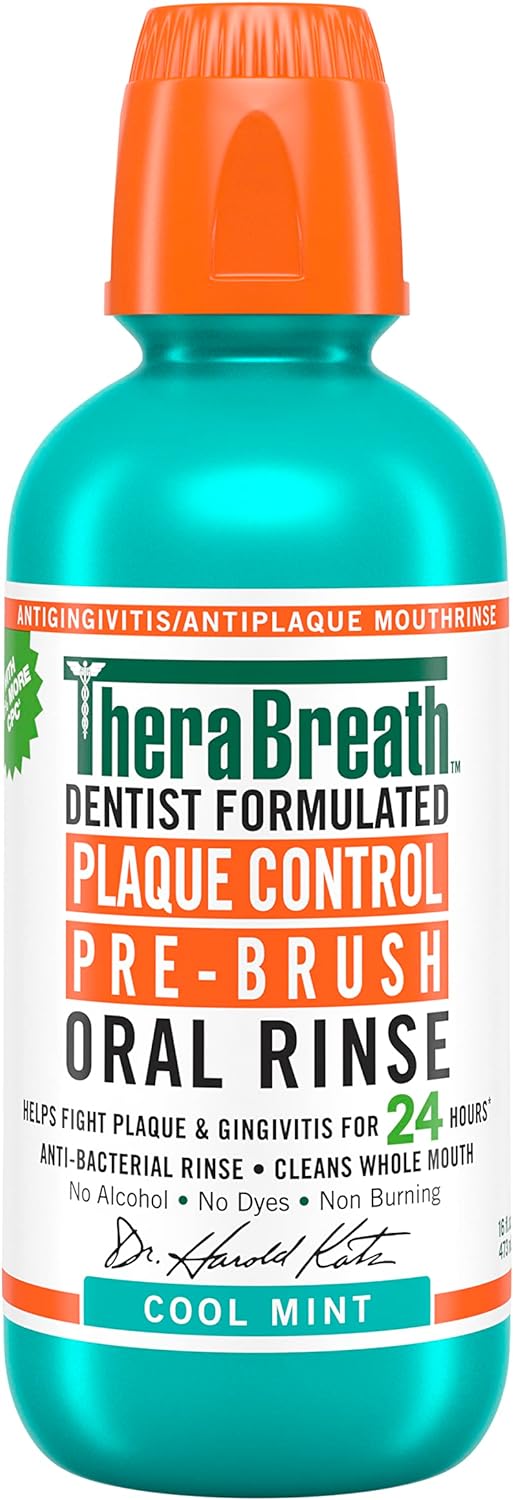 TheraBreath Plaque Control Mouthwash, Cool Mint, Pre-Brush Rinse, 16 Fl Oz