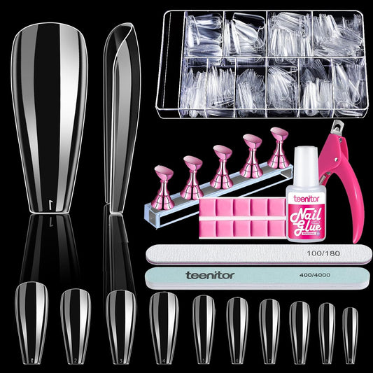 Teenitor Clear Coffin Nail Tips, Long Coffin Nail Tips Full Cover, 600pcs Ballerina Nail Tips Coffin Nails Tips Clear Press On Nails, Acrylic Nail Clipper, Nail Stand for Fake Nails