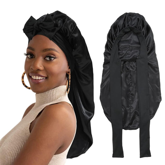 AWAYTR Long Satin Bonnet for Women - Double Layer Elastic Silk Bonnet for Braids Hair Sleeping Cap with Tie Band (Black)