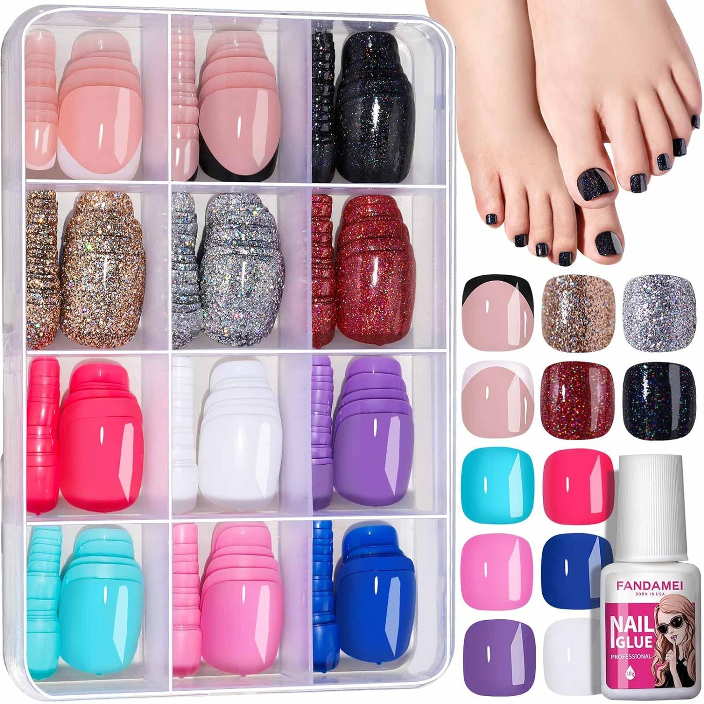 FANDAMEI Press on Toe Nails, 12 Colors 288PCS Press on Toenails Short Square, 4 Glitter Press on Toenails Full Cover, 6 Glossy False Toenails for Feet, 2 Press on Toenails French Tip for Summer Nail