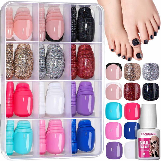 FANDAMEI Press on Toe Nails, 12 Colors 288PCS Press on Toenails Short Square, 4 Glitter Press on Toenails Full Cover, 6 Glossy False Toenails for Feet, 2 Press on Toenails French Tip for Summer Nail