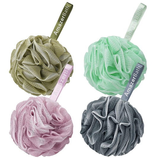 AmazerBath Loofah Sponge 60g/Piece, Exfoliating Bath Sponge Body Scrubber, Loofa Set of 4 - White Grey-Pink-Army Green-Green