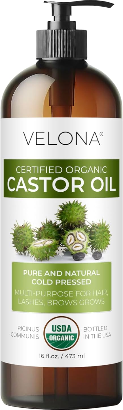 velona USDA Certified Organic Castor Oil - 16 oz (With Pump) | Moisturizing For Hair, Boost Eyelashes, Eyebrows | Cold pressed, Natural Oil, USP Grade | Hexane Free, Lash Serum, Caster