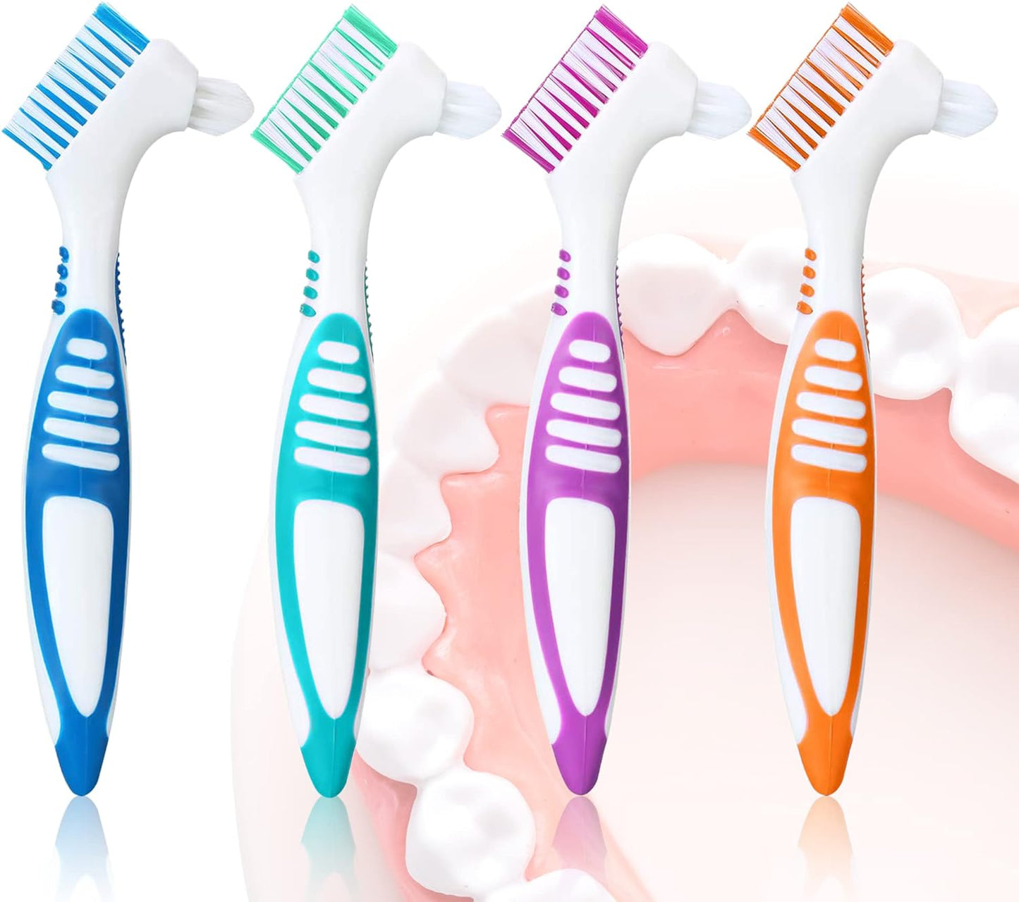 Bvcewilty Denture Brush 4PCS Denture Toothbrushes_Cleaning Brush Double Sided Toothbrush with Multi-Layered Bristles and Rubber Anti-Slip Handle - for Denture Cleaning Care (Green,Purple,Blue,Orange)