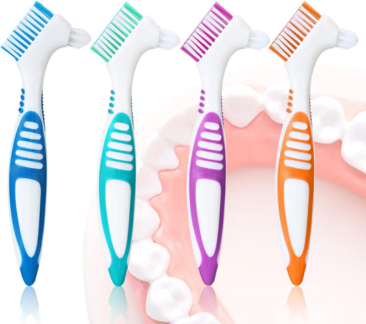 Bvcewilty Denture Brush 4PCS Denture Toothbrushes_Cleaning Brush Double Sided Toothbrush with Multi-Layered Bristles and Rubber Anti-Slip Handle - for Denture Cleaning Care (Green,Purple,Blue,Orange)