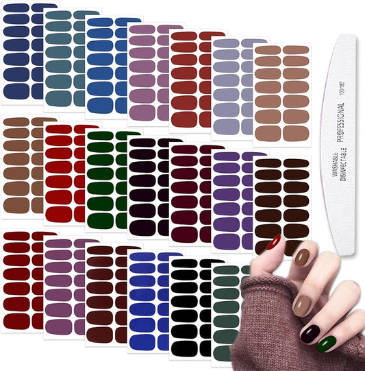 WOKOTO 20 Sheets Dark Solid Color Series Nail Polish Strips Stickers with Nail File Self-Adhesive Punk Rock Gel Nail Strips Full Nail Wraps for Women Nails Art