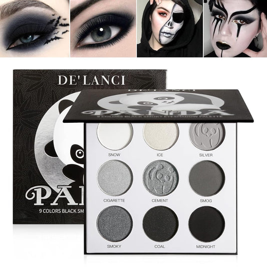 Black Smoky Eye shadow Palette, DEÕLANCI PANDA 9 Colors True Black Dark Grey Smokey Goth Makeup Pallet, 9 Soft Matte Shimmer High Pigmented Basic Black White Gray Shade for Halloween