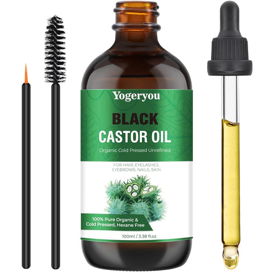 YogerYou Jamaican Organic Black Castor Oil (3.38oz),100% Pure Cold Pressed Castor Oil for Hair Growth,Body,Face,Skin Care,Unrefined Hexane Free Glass Bottle Eyebrow Eyelash Growth Serum to Grow Lashes