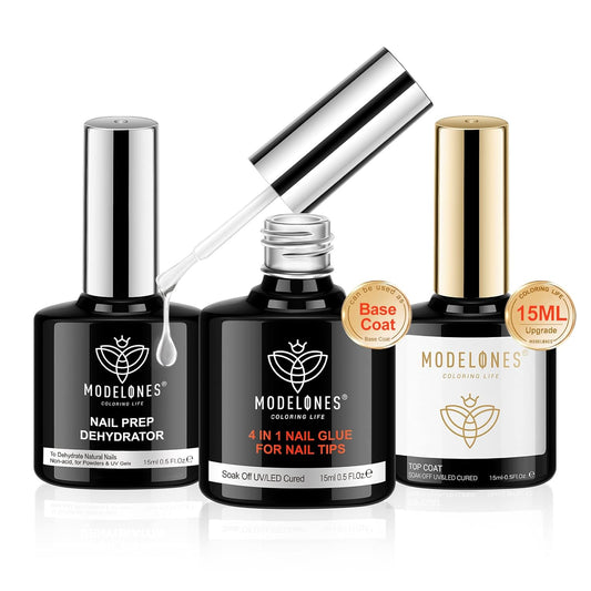 modelones 4 in-1 Nail Prep Dehydrator, 3PCS 15ml Extension Kit for Easy New Upgraded No Wipe Base and Top Coat - Valentine's Day Gifts
