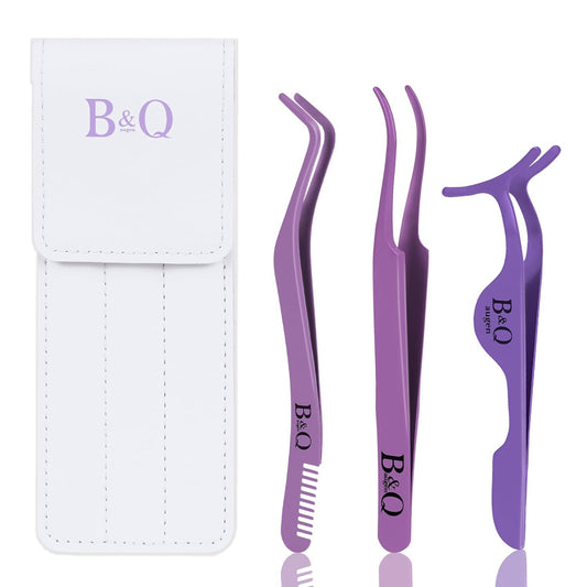 Eyelash Applicator Tool 3 PCS Lash Applicator Tool Kit B&Q Lash Tweezers for Eyelash Extensions Lash Extension Tweezers for Individual Lashes Application Tool and Removal _Purple,3 PCS_