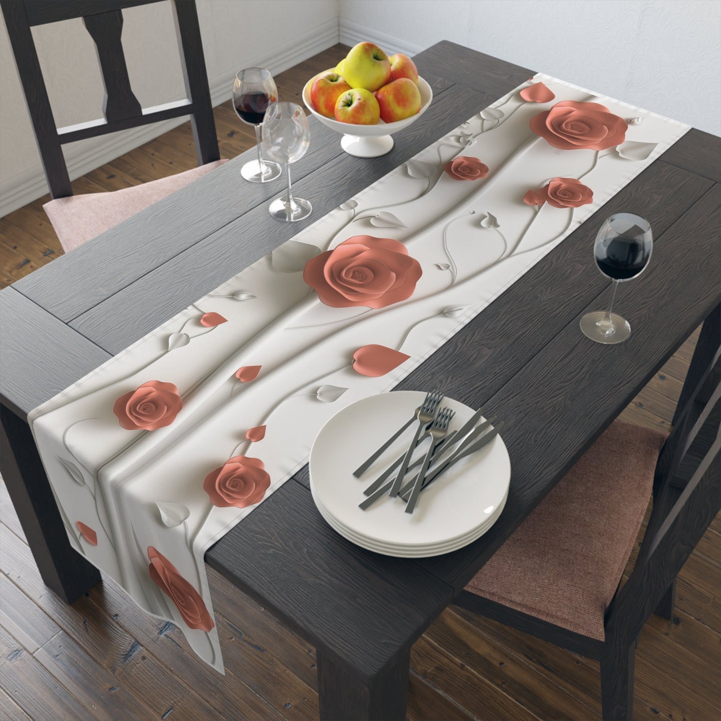 3D Table Runner with Elegant Red Roses Floral Design (16" × 72")