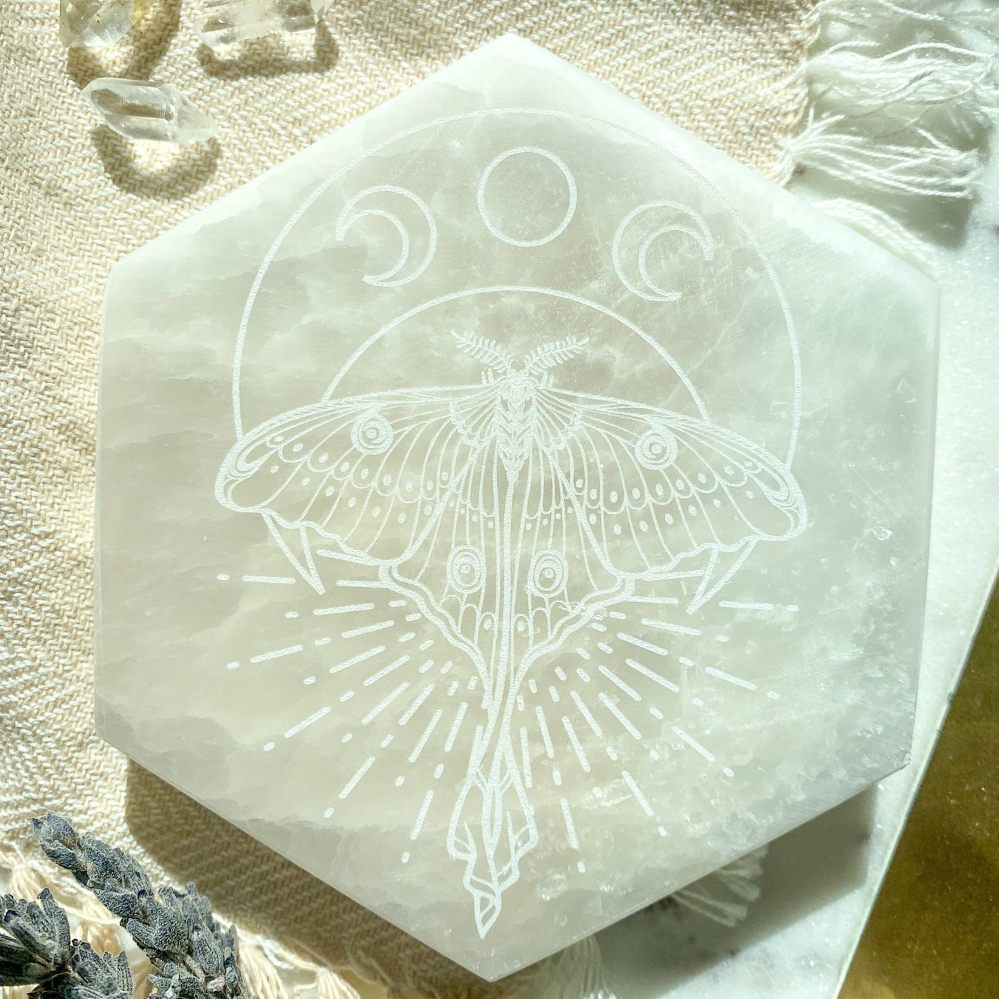 Fractalista Designs Luna Moth Selenite Hexagon Crystal Charging Plate
