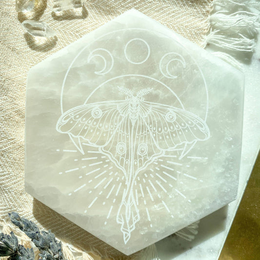 Fractalista Designs Luna Moth Selenite Hexagon Crystal Charging Plate