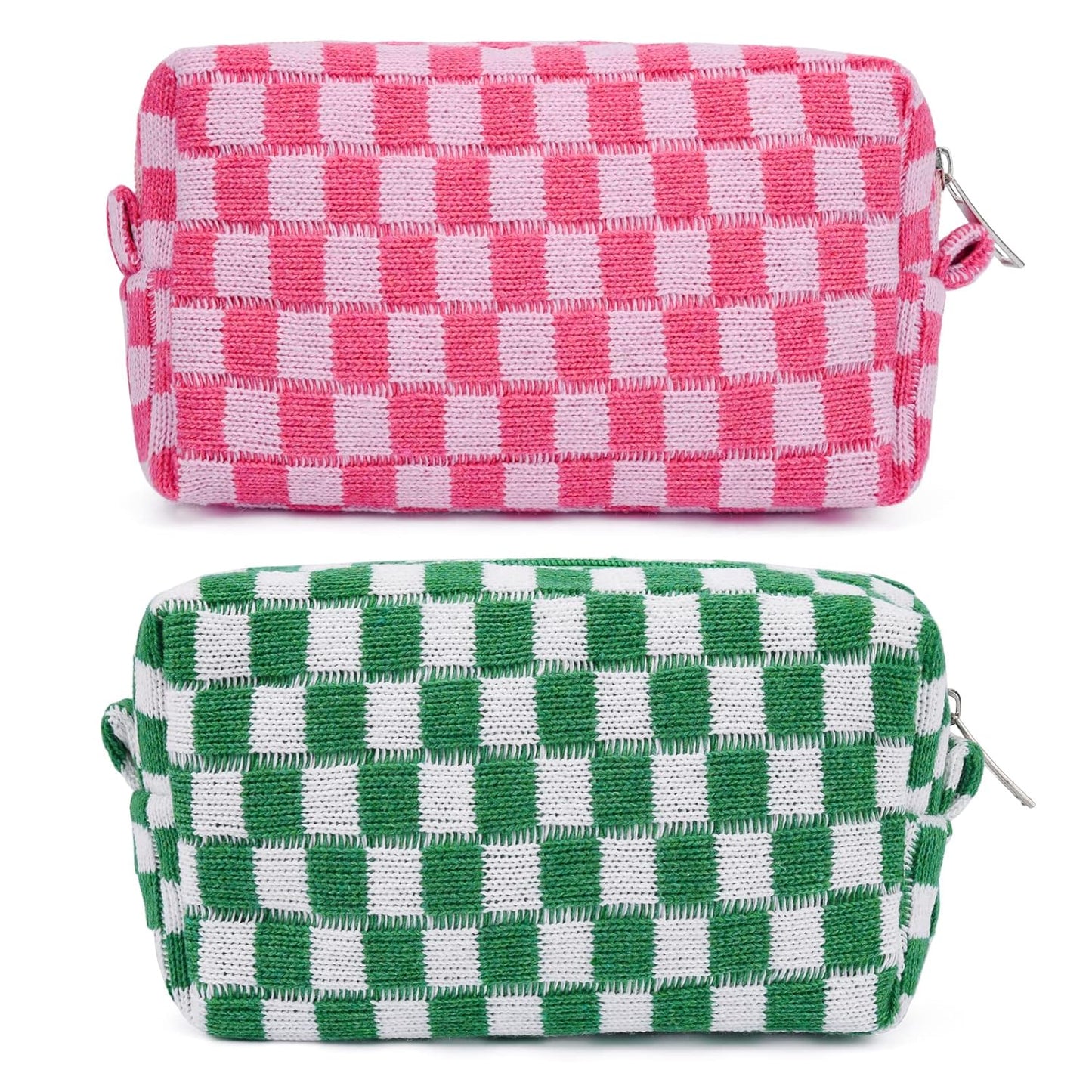 SOIDRAM 2 Pieces Makeup Bag Pouch Checkered Cosmetic Bag Pink Green, Travel Toiletry Bag Organizer Cute Makeup Brushes Storage Bag for Women