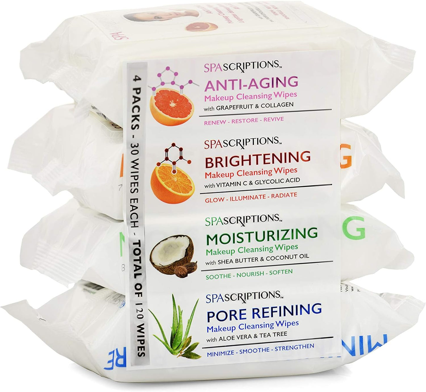SpaScriptions Makeup Cleansing Wipes 30 CT, Variety 4 pack, 120 Count Total