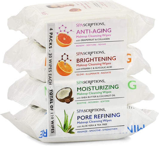 SpaScriptions Makeup Cleansing Wipes 30 CT, Variety 4 pack, 120 Count Total