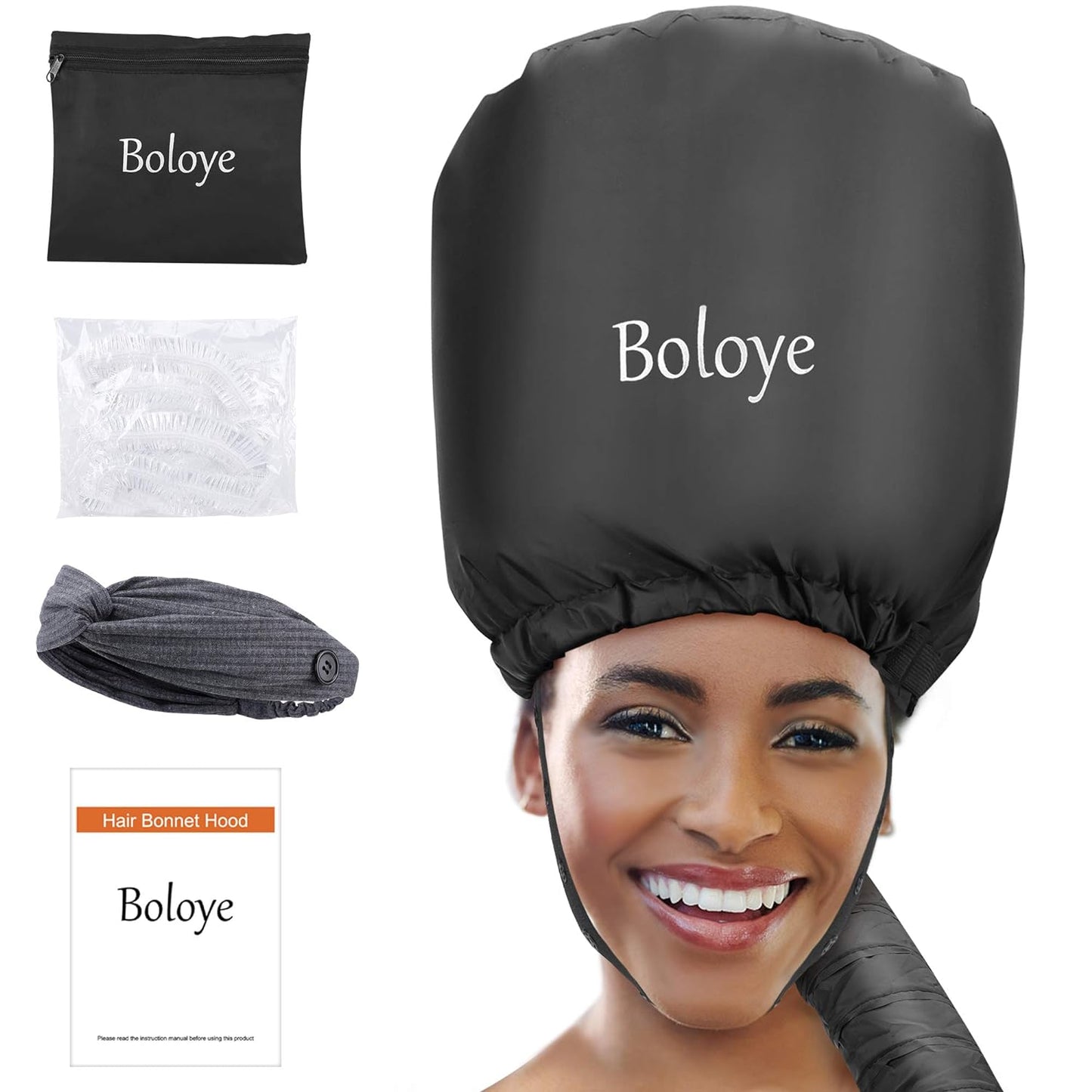 Hair Dryer Bonnet, Boloye Soft Bonnet Hood Hair Dryer Attachment with Heat Protector Headband to Reduces Heat Around Ears - Used for Curl, Hair Styling, Deep Conditioning and Hair Drying (Black)