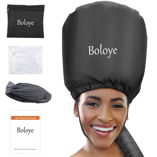 Hair Dryer Bonnet, Boloye Soft Bonnet Hood Hair Dryer Attachment with Heat Protector Headband to Reduces Heat Around Ears - Used for Curl, Hair Styling, Deep Conditioning and Hair Drying (Black)