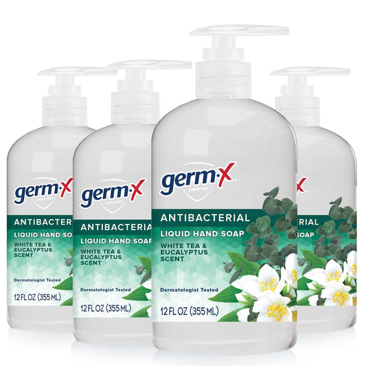 Germ-x Antibacterial Hand Soap, Moisturizing Liquid Hand Wash for Kitchen or Bathroom, pH Balanced & Dermatologist Tested, White Tea & Eucalyptus, 12 oz Pump Bottle (Pack of 4)