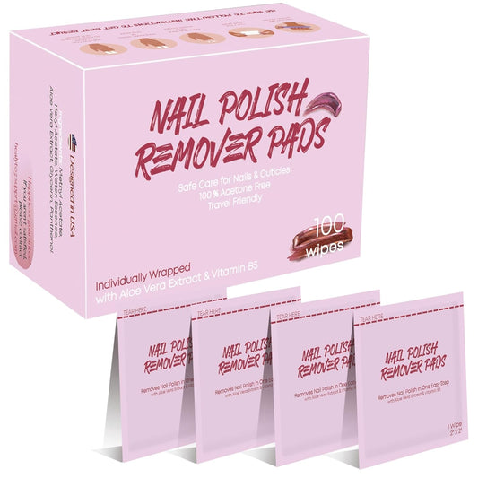 Nail Polish Remover Pads Individually Wrapped 100 Pack - Acetone Free Nail Polish Remover Wipes with Aloe and Panthenol - Non Toxic Gel Fingernail Polish Removal