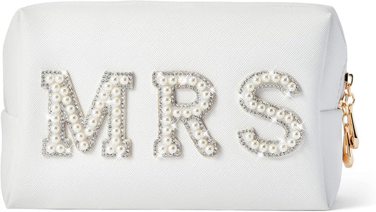 Y1tvei Bling Varsity Letter Makeup Bag - Pearl Rhinestone Patches, PU Leather, Waterproof Zipper Purse for Women