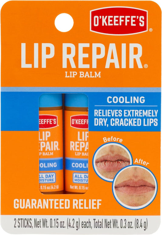 O'Keeffe's Cooling Relief Lip Repair Lip Balm for Dry, Cracked Lips, Stick, Twin Pack