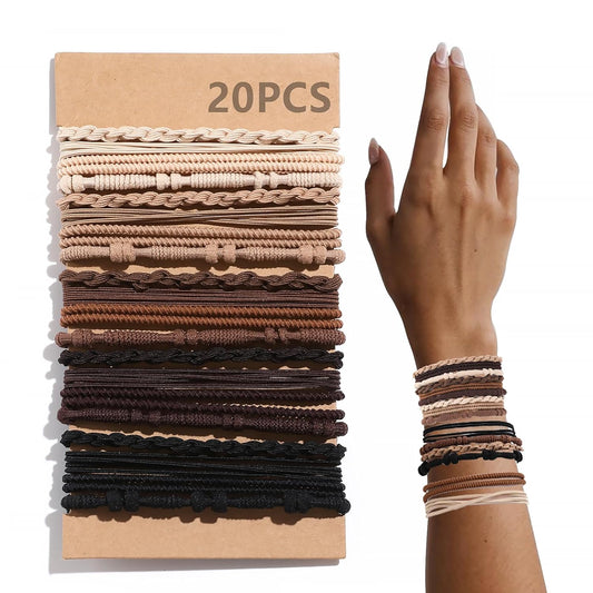 20 PCS Boho Hair Ties, Brown Bracelets Hair Ties for Thick or Thin Hair, 4 Styles Boho Ties for Ponytail Holders, 2.36ÕÕ Hair Ties No Damage