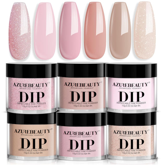 AZUREBEAUTY Dip Powder Nail Kit,All Season 6 Colors Nude Pink Skin Tone Glitter Pastel Dip Powder Starter Kit French Fall Nail Art Manicure DIY Salon Home Gifts for Women, No Need Nail Lamp Cured