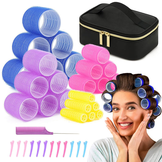 Hair Rollers Set with Free Cosmetic Bag - Self Grip Heatless Sooninno _Hair Curlers for medium hair Long hair,Volume Hair - Set of 38 PCS,Hair Rollers with Clips,Comb,Best Rollers Hair Curler
