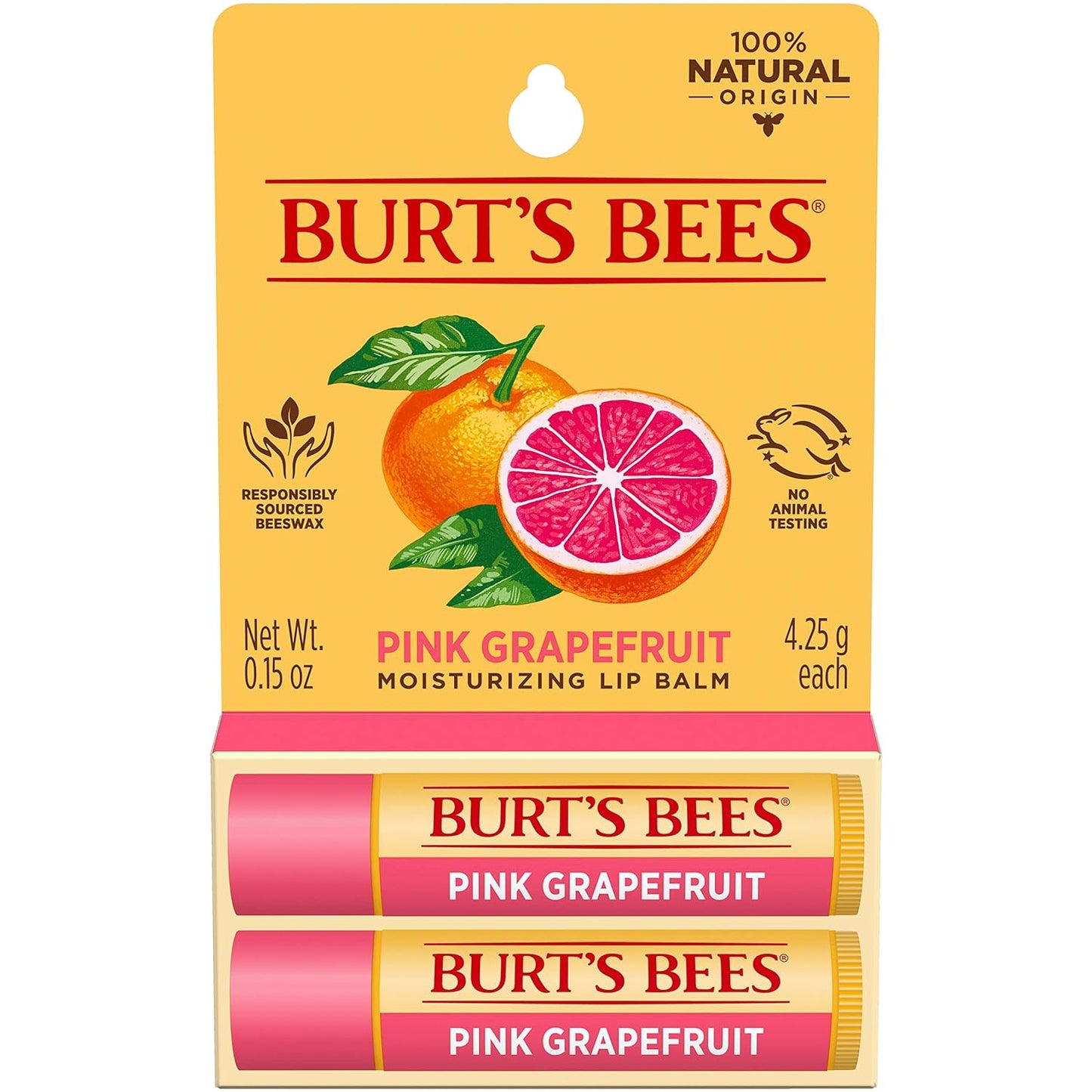 Burt's Bees Pink Grapefruit Lip Balm, Lip Moisturizer With Responsibly Sourced Beeswax, Tint-Free, Natural Conditioning Lip Treatment, 2 Tubes, 0.15 oz.