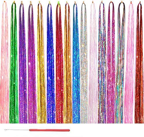 AMchoice Hair Tinsel Kit with Tools 16 Colors 3500 Strands Fairy Hair Tinsel Heat Resistant Sparkling Shiny Tinsel Hair Extensions 48 Inch Colorful Hair Tinsel strands Kit
