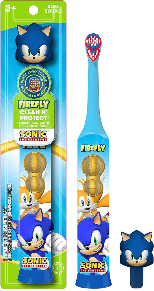 FIREFLY Clean N' Protect, Sonic The Hedgehog Toothbrush with 3D hygienic Cover, Premium Soft Bristles, Anti-Slip Grip Handle, Battery Included, Ages 3+, 1 Count