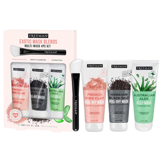 FREEMAN Exotic Facial Mask Blends Kit, Peel-Off & Jelly Masks, Cleansing, Pore-Clearing & Hydrating Facial Masks, For All Skin Types, Includes Silicone Mask Brush, Vegan & Cruelty-Free, 4 Piece Set