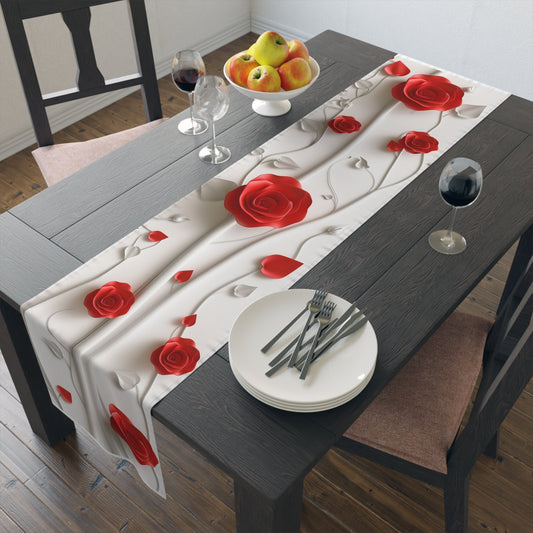 3D Table Runner with Elegant Red Roses Floral Design (16" × 72")