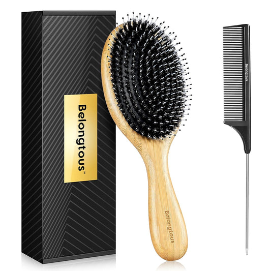 Boar Bristle Hair Brush with Nylon Pins for Women, Bamboo Paddle for Hair Gowth Scalp Massage Detangling, Boars Hair Brush for Thick Hair, Giftbox & Tail Comb Included