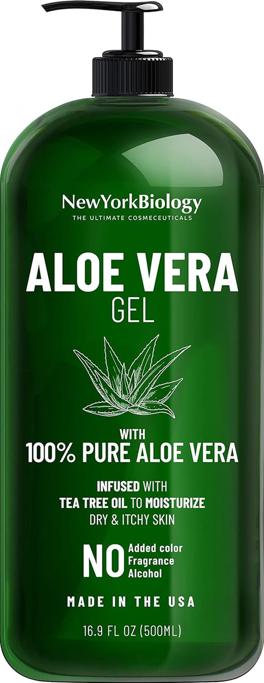 New York Biology Aloe Vera Gel for Face, Skin and Hair - Infused with Tea Tree Oil Ð From Fresh Aloe Vera Plant Ð Moisturizing Aloe Vera for Sunburn Relief and Dry Skin - 16.9 oz