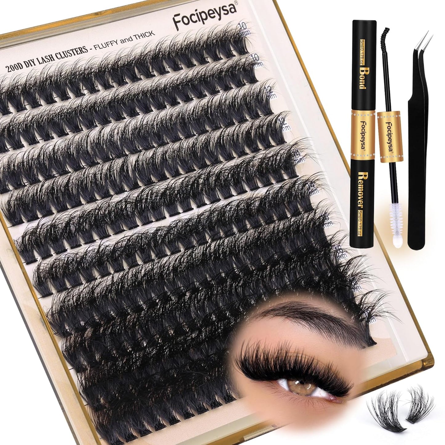 Thick Eyelash Extension Kit 10-18mm Fluffy Lash Clusters 200D Individual Eyelashes With Bond, Remover, Applicator, DIY Extensions for Beginners by Focipeysa