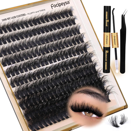 Thick Eyelash Extension Kit 10-18mm Fluffy Lash Clusters 200D Individual Eyelashes With Bond, Remover, Applicator, DIY Extensions for Beginners by Focipeysa