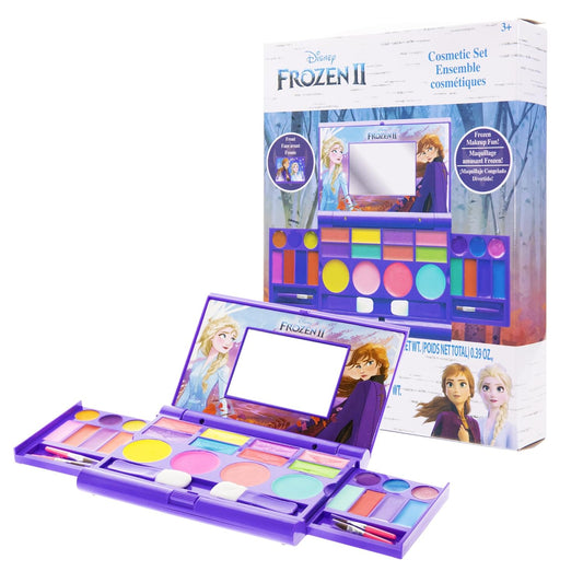 Disney Frozen 2 - Townley Girl Cosmetic Compact Set with Mirror 22 lip glosses, 4 Body Shines, 6 Brushes Colorful Portable Foldable Washable Makeup Beauty Kit Box Set for Girls Kids Toddler