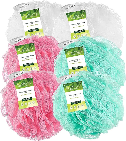 EcoTools Exfoliating EcoPouf Bath Sponges, Rich Lather, Recycled Netting, Body Loofahs for Smoother, Softer Skin, Removes Dirt & Impurities, for Shower & Bath, Assorted Colors, Pack of 6