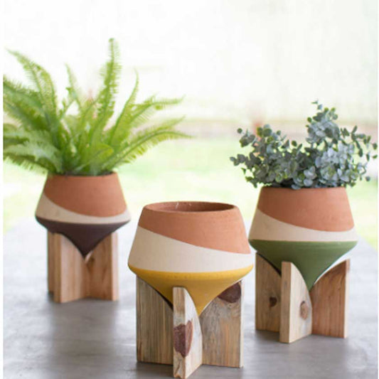 Brown Double Dipped Clay Vase on Wood Base - Kalalou