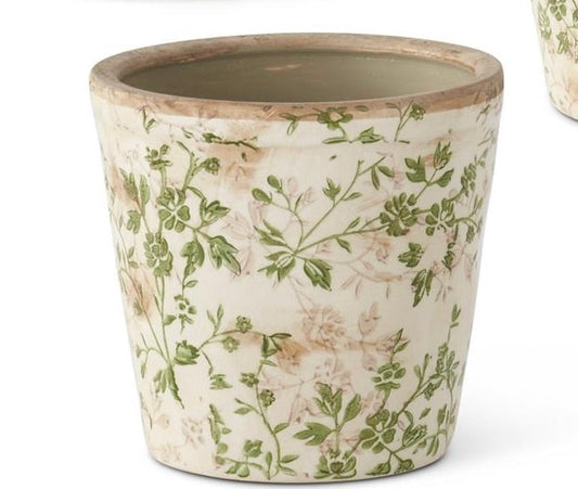 Cream & Green Floral Pot