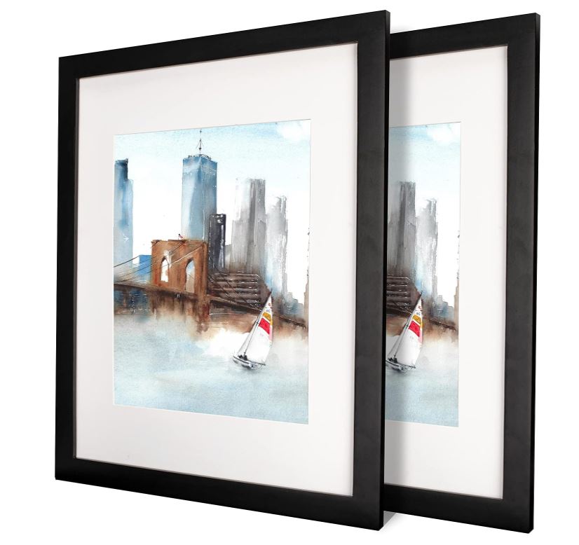 2 Pack, Black Annecy 11x14 Picture Frame - Made of Solid Wood 11x14 Photo Frames with Tempered Glass or 8x10 with Mat - Wall Mount Only