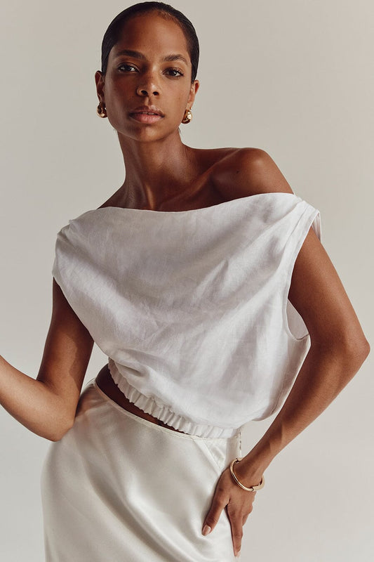 CASS WHITE LINEN CROP TOP Clothing DISSH Boutiques 14 WHITE