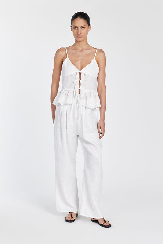 MIMI WHITE LINEN TIE FRONT TOP Clothing DISSH Boutiques 12 WHITE