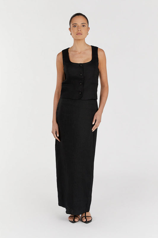 ROBERTS BLACK LINEN MIDI SKIRT Clothing DISSH Boutiques