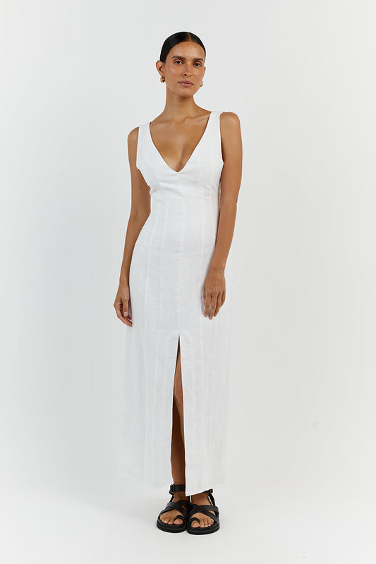 MILAHN WHITE LINEN V NECK DRESS Clothing DISSH Boutiques 14 WHITE