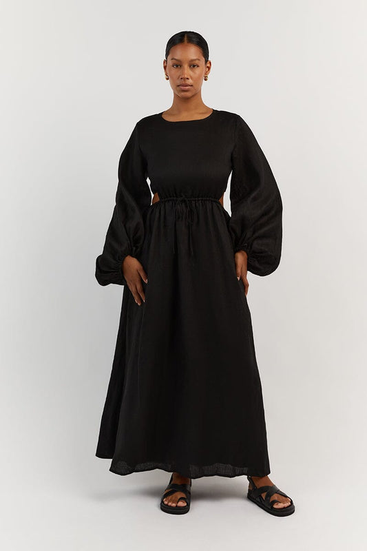 MOLLY BLACK LINEN MIDI DRESS Clothing DISSH Boutiques 16 BLACK