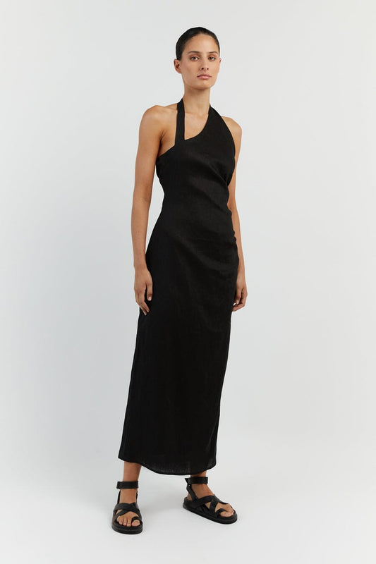 ZOEY BLACK ASYM LINEN MIDI DRESS Clothing DISSH Boutiques 14 BLACK