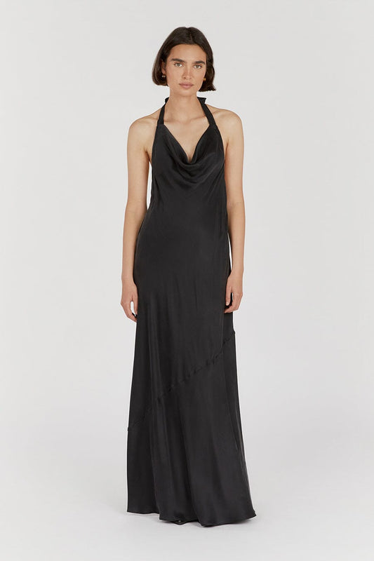 AIMEE BLACK SILK COWL NECK DRESS